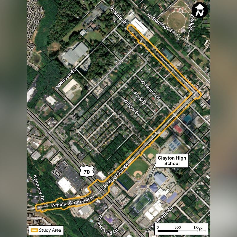 Map of Downtown Clayton connector road with study area outlined in yellow near Clayton High School