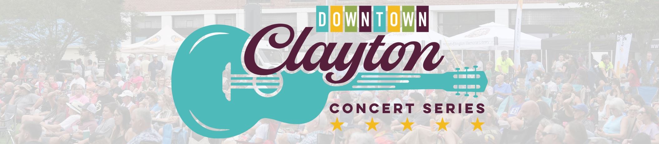 Downtown Clayton Concert Series Logo Overlaying Crowd from Concert